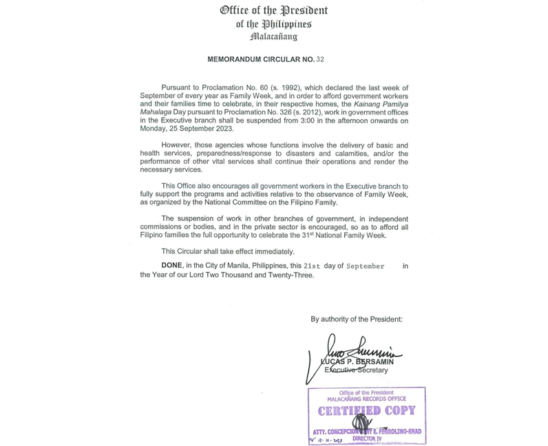 PALACE ISSUES MEMORANDUM CIRCULAR NO. 32 FOR OBSERVANCE OF NATIONAL FAMILY WEEK